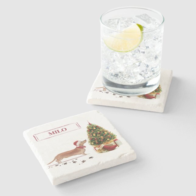 Tan Dachshund Funny jul Hund med Träd Stenunderlägg (Sidan)