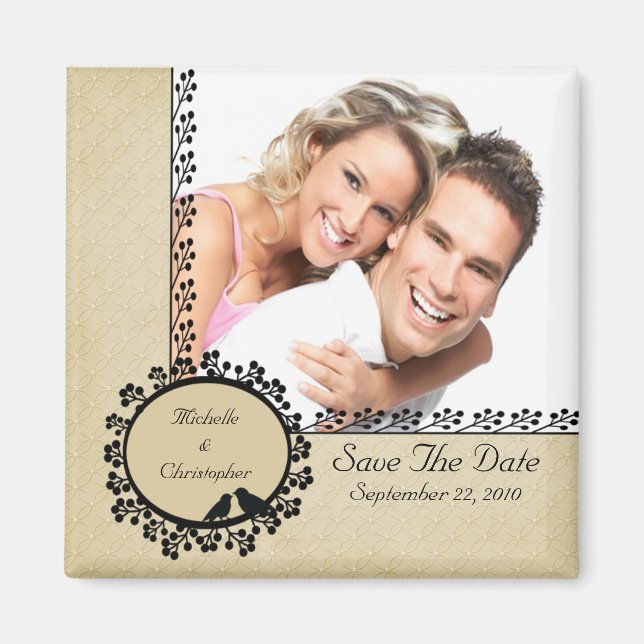 Tan Damask Love birds Photo Spara datum magneter (Framsidan)