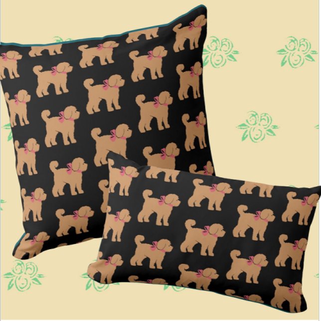 Tan Doodle Hund Black Background Pillow Kudde (Fun doodle decor!)