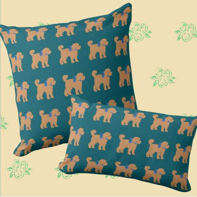Tan Doodle Hund Mörk blått Grönt Pillow Kudde (Every doodle family needs one of these pillows!)