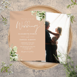 Tan Elegant Greenery Blommigt Photo Bröllop Inbjudningar