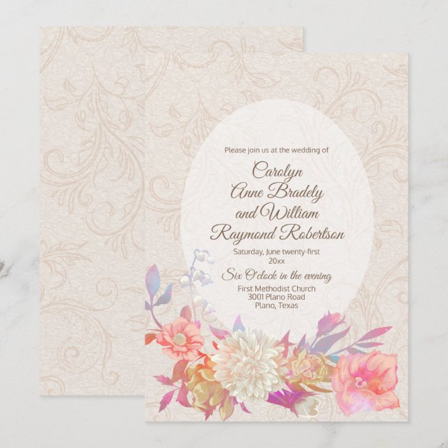 Tan Flourish Damask Colorful Blommigt Bröllop Inbjudningar (Fram/baksida)