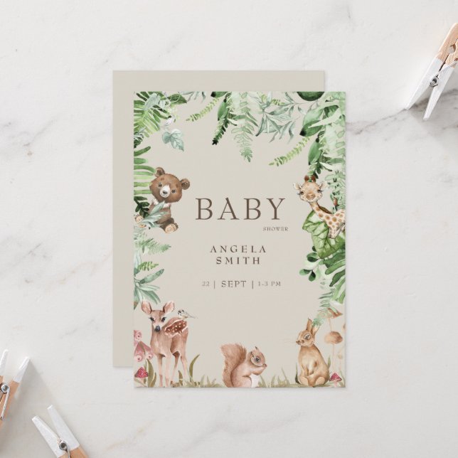 Tan Foliage Animal Baby Shower Inbjudningar (Fram/Back In Situ)