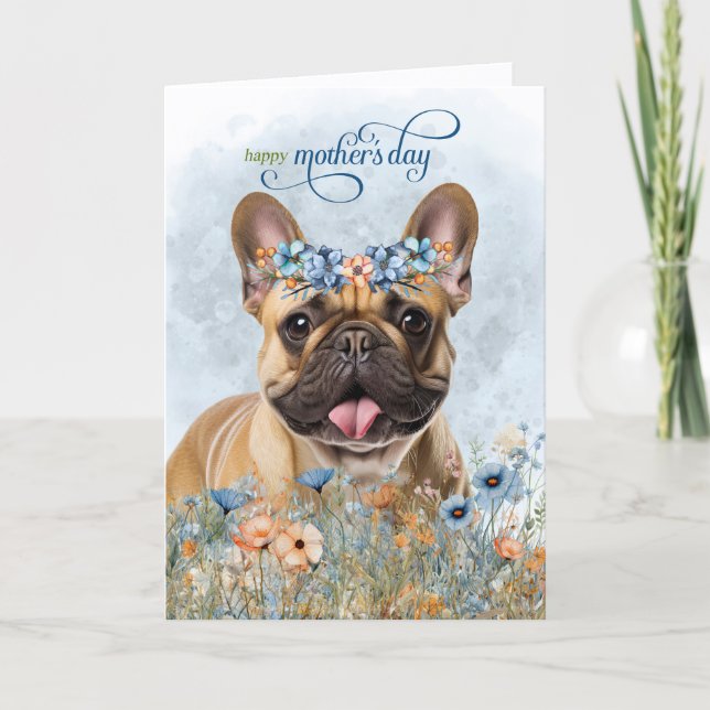 Tan fransk bulldogg vildblommor mors dag helgkort (Framsida)