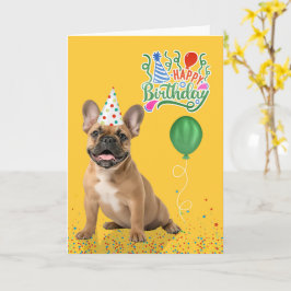 Tan French Bulldog Party Hat Yellow Birthday Kort