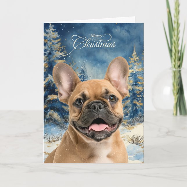 Tan French Bulldog Tallrik Vinter Skog Jul Helgkort (Framsida)