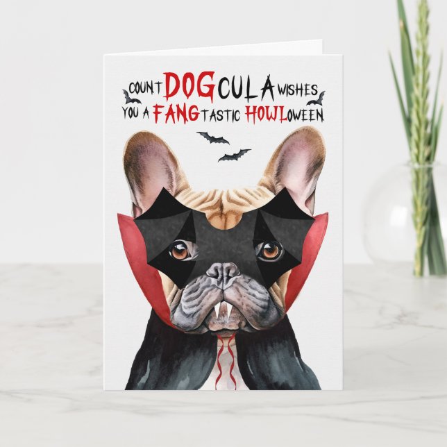 Tan Frenchie Hund Count DOGcula Funny Halloween Helgkort (Framsida)