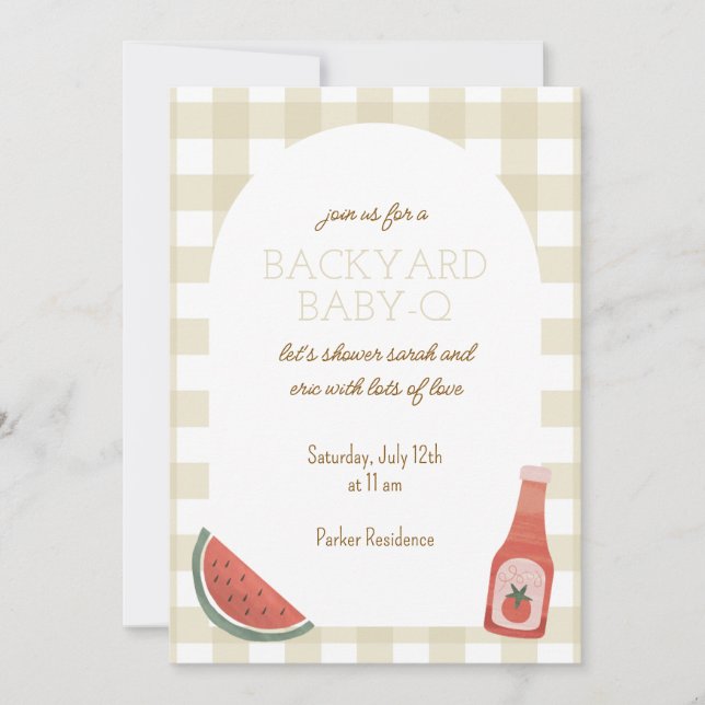 Tan Gingham Baby-Q Baby Shower Invitation Inbjudningar (Framsida)