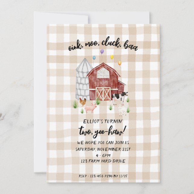 Tan Gingham Farmyard Farm Animal Barnyard Birthday Inbjudningar (Framsida)