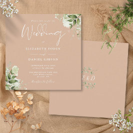 Tan Greenery Blommig Monogram Fyrkantig Bröllop Inbjudningar