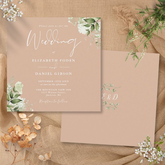 Tan Greenery Blommigt Monogram Square Bröllop Inbjudningar (Tan Greenery Floral Monogram Square Wedding Invitation)