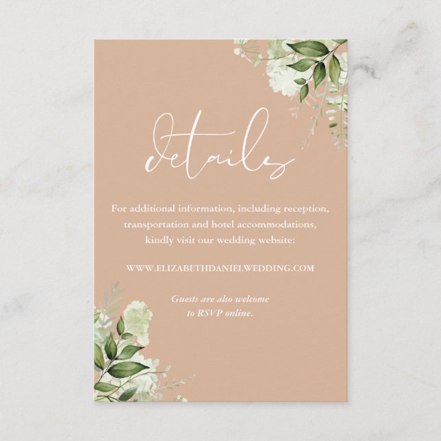 Tan Grönska Blommig Bröllopsinformation Tilläggskort (Framsida)