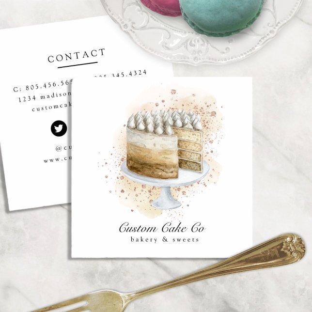 Tan, Guld Glitter & Blommigt Anpassningsbar Cakes  Fyrkantigt Visitkort (Skapare uppladdad)