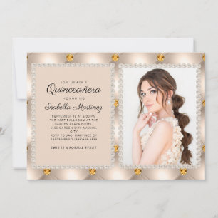 Tan Guld Satin Pärlor Juveler Quinceañera Foto Inbjudningar