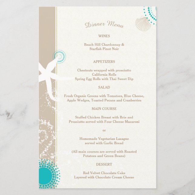 Tan Ivory Aqua Trendig Beach Wedding Menu (Framsida)