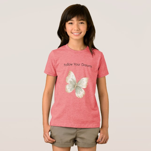 Tan Kräm Grön Fjäril   T Shirt (Framsida Full)