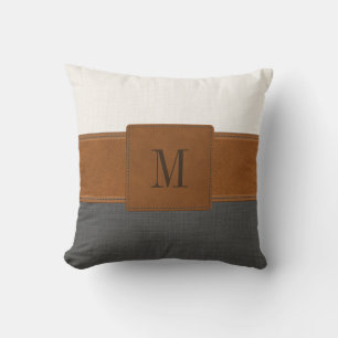 Tan Leather Grått White Linen Farmhouse Monogram Kudde