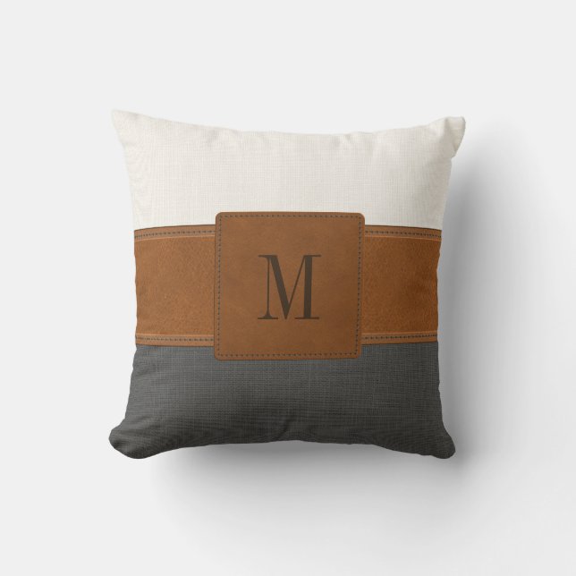 Tan Leather Grått White Linen Farmhouse Monogram Kudde (Framsida)