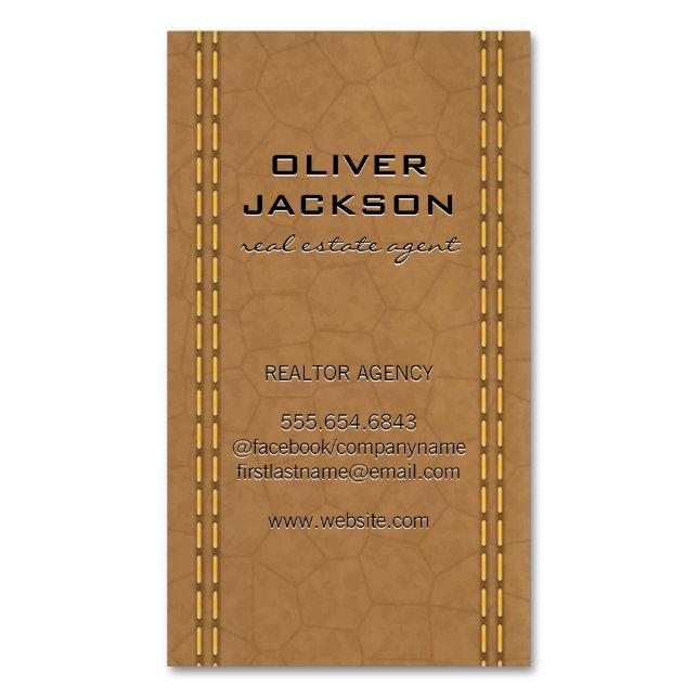 Tan Leather Stitched Seems Magnetiska Visitkort (Framsida vertikal)