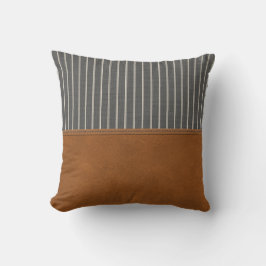 Tan Leather Stripe Grått Linen Minimal Farmhouse Kudde