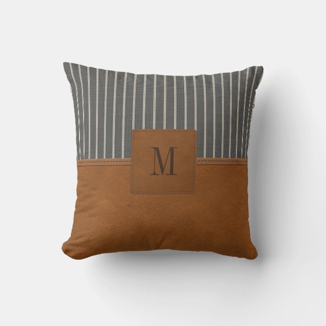 Tan Leather Stripe Grått Linen Monogram Farmhouse Kudde (Framsida)