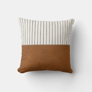 Tan Leather Stripe White Linen Minimal Farmhouse Kudde