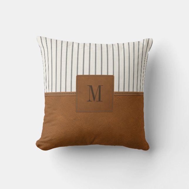 Tan Leather Stripe White Linen Monogram Farmhouse Kudde (Framsida)