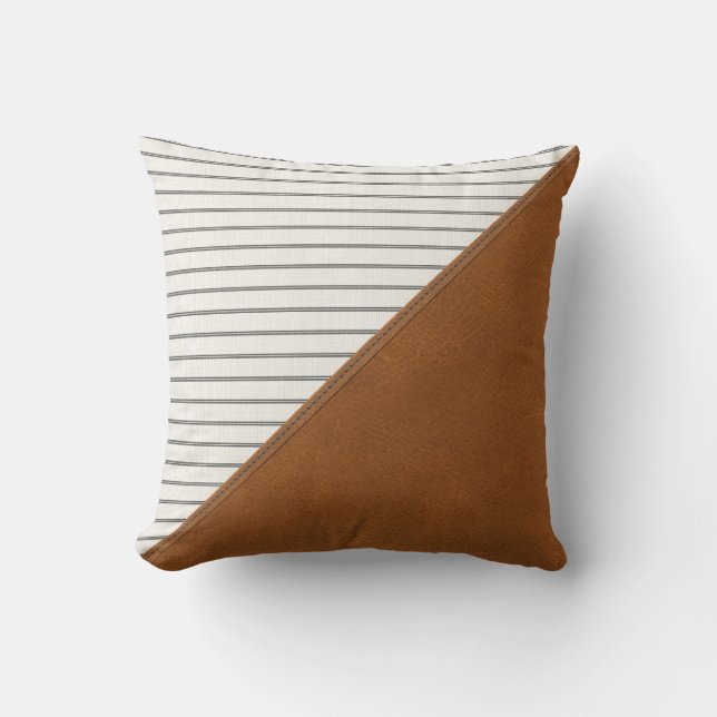 Tan Leather White Stripe Linen Triangle Farmhouse Kudde (Framsida)