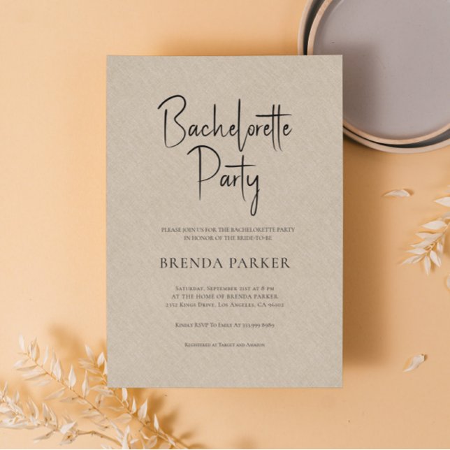 Tan Linen Enkel Svart Script Systerparty Inbjudningar (Skapare uppladdad)