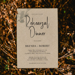 Tan linen Simple White Script Rehearsal Dinner Inbjudningar