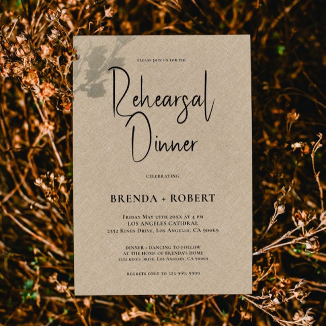Tan linen Simple White Script Rehearsal Dinner Inbjudningar (Skapare uppladdad)