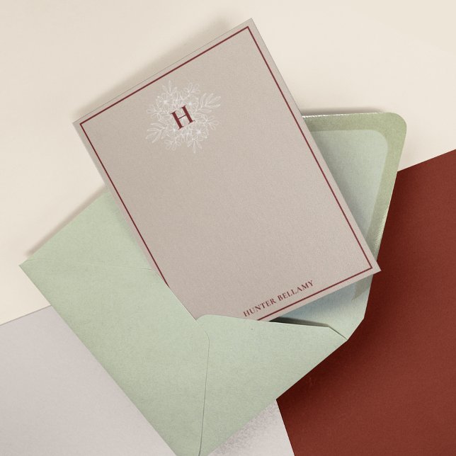 Tan Marsala Delikat Blommigt Monogram Anteckningskort (Skapare uppladdad)