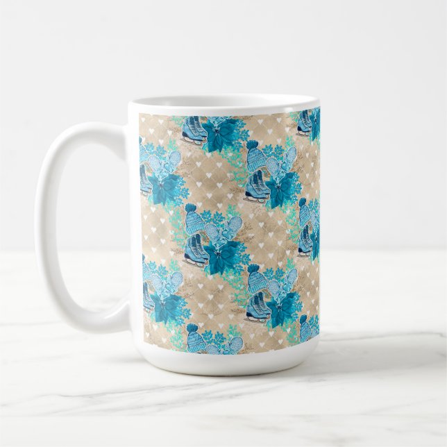 TAN MED BLÅVATTENFÄRGVINTEXTSKATTEMAT KAFFEMUGG (Vänster)