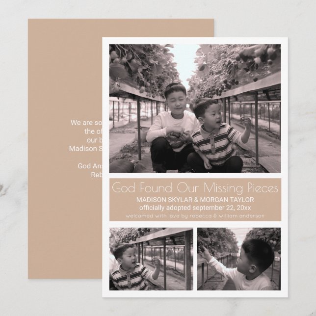 Tan Modern Minimalist Child Adoption 3 Photo Meddelande (Fram/baksida)