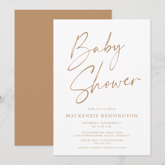 Tan Modern Minimalist Script Baby Shower Inbjudan (Fram/baksida)