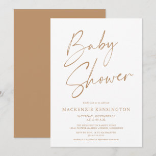Tan Modern Minimalist Script Baby Shower Inbjudan