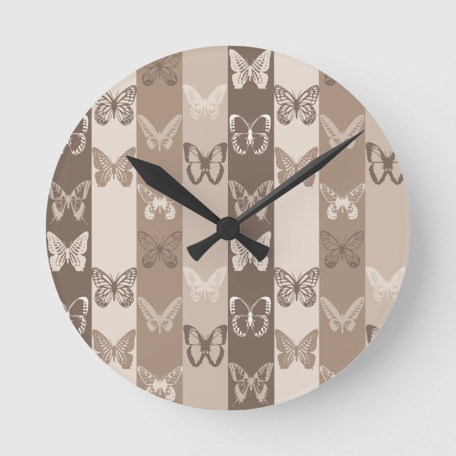 Tan Neutral Jord Fjäril Ränder Design  Rund Klocka (Framsida)