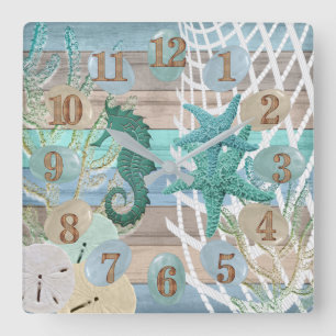 Tan och Blue Beach Wood Nautical Fyrkantig Klocka