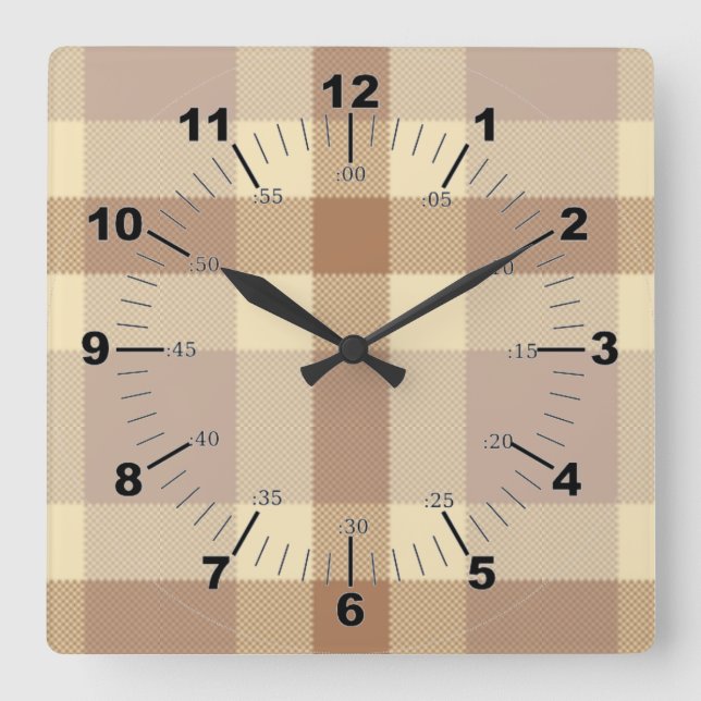 Tan och Cream Tartan Fyrkantig Klocka (Framsida)