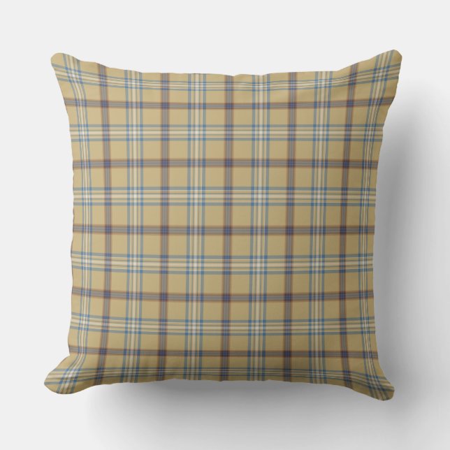 Tan och Wedgewood Blå Plaid Kudde (Framsida)