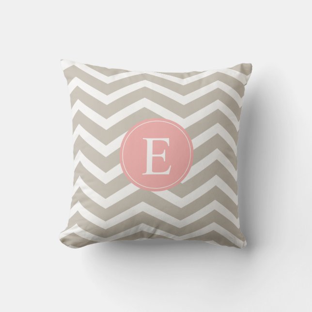 Tan Peach Rosa Chevron Monogram Kudde (Framsida)