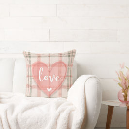 TAN PLAID MÖNSTER MED ROSA VALENTINHJÄRTA KUDDE