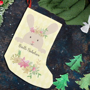 Tan Rabbit Rosa Guld Poinsettia Blommigt Liten Julstrumpa