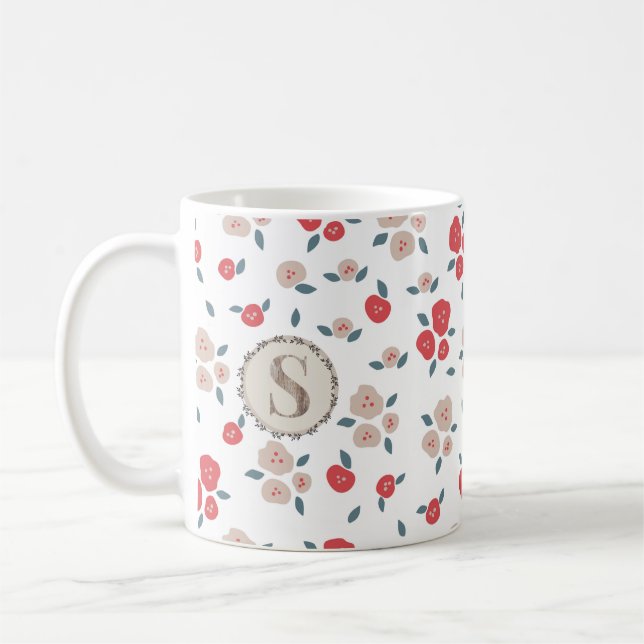 Tan Red Blommigt Farmhouse, Land Rustic Monogram Kaffemugg (Vänster)