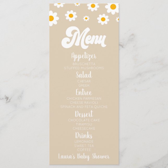 Tan Retro Daisy Flower Baby Shower Food Meny (Framsida)