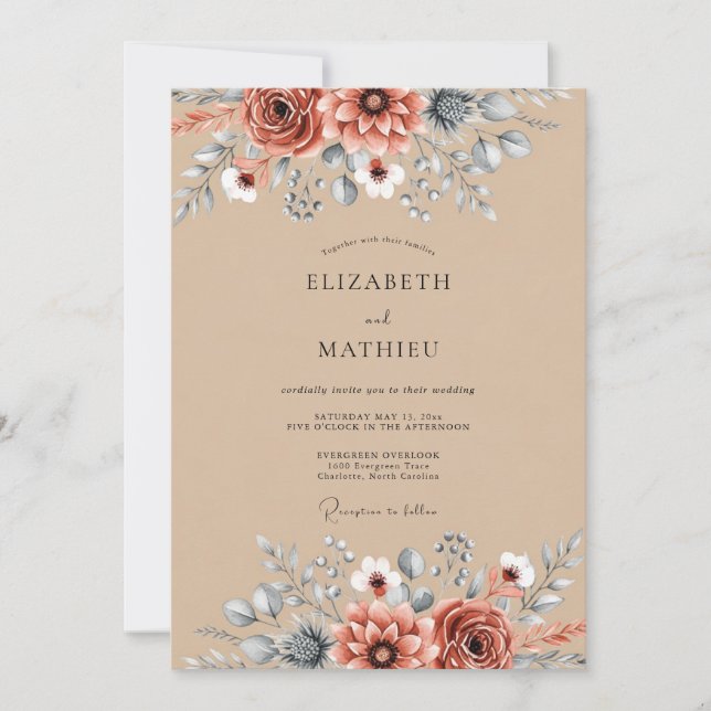 Tan Rustic Botanical Autumn Wedding Inbjudningar (Framsida)