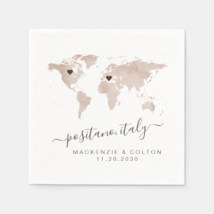 Tan Sepia Brown World MapMovable Hearts Bröllop Pappersservett