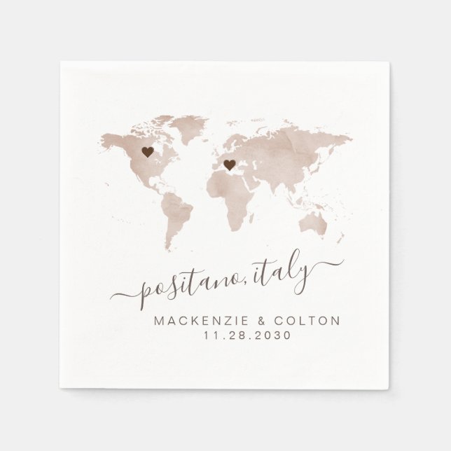 Tan Sepia Brown World MapMovable Hearts Bröllop Pappersservett (Framsidan)