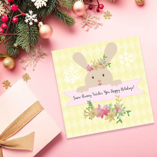 Tan Snow Bunny Pink Gold Poinsettia Glad Julkort