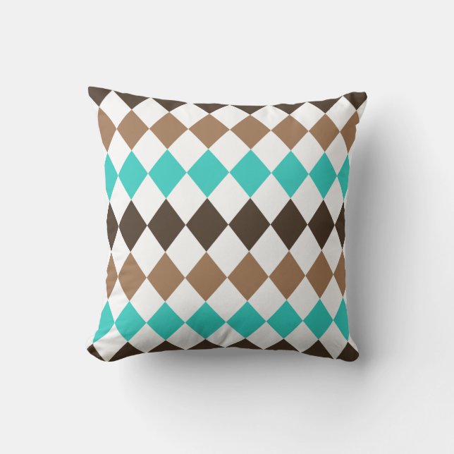 Tan, Teal och Brown Diamond Harlequin Kudde (Framsida)